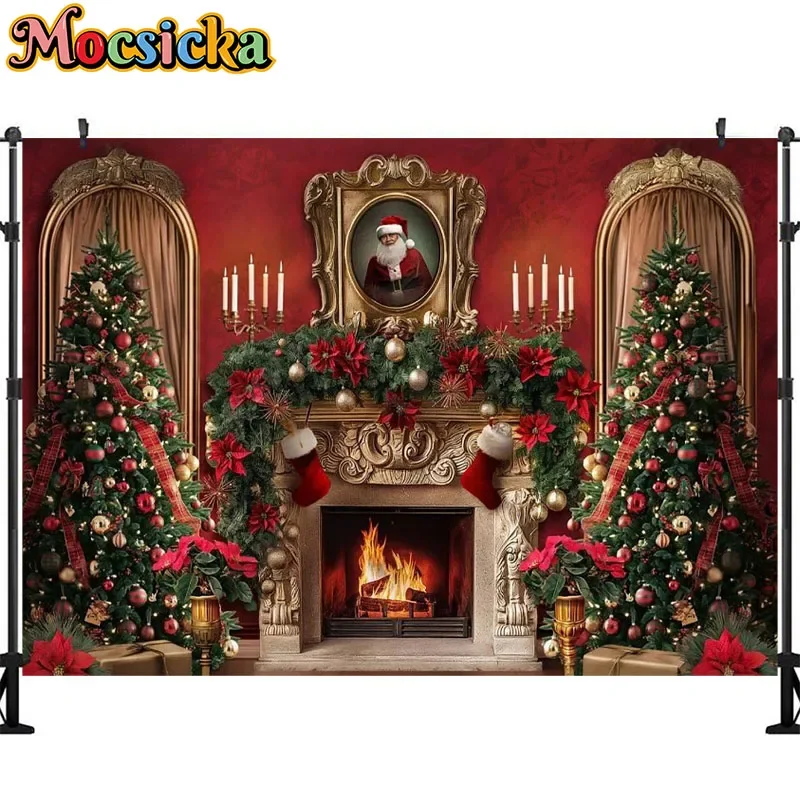 Christmas Fireplace Photography Background Xmas Tree Santa Claus Portrait Decoration Family Portrait Princess Photo Studio Props