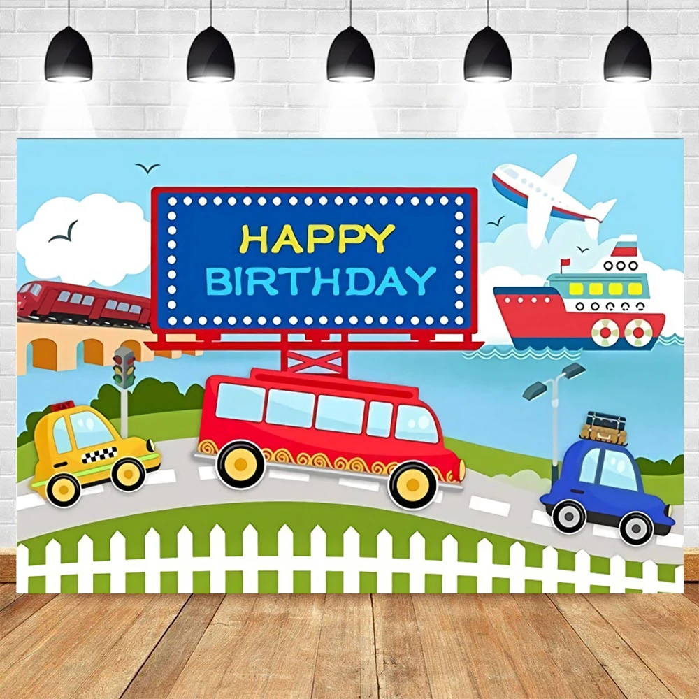Fond de photographie de fête d'anniversaire de train de dessin animé, thème de transport, ballon de voiture, toile de fond de 1er anniversaire, studio photo, garçon, fille