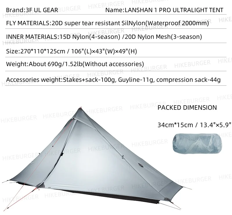 3F UL GEAR Lanshan 1Pro 2026 Zelt Outdoor Ultraleicht Camping Zelt 690g/1,52lb Silpoly Zelt T-zip Tür Wasserdicht Wandern Klettern – Detail 6