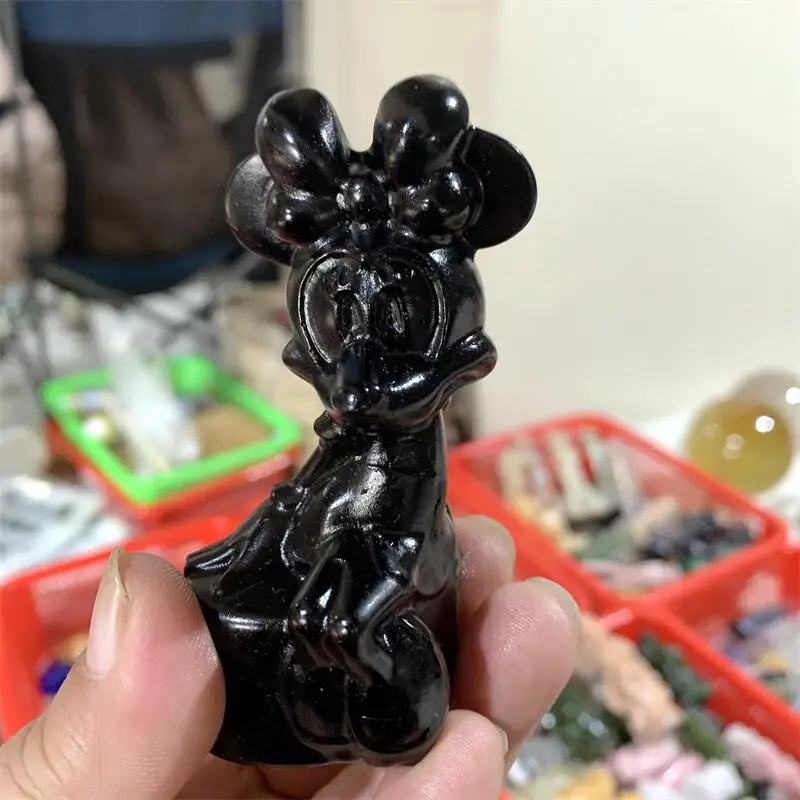 Natural Black Obsidian Cartoon Carving Of Memnon Megalith Powerful Statue For Home Room Decoration Gift 1PCS