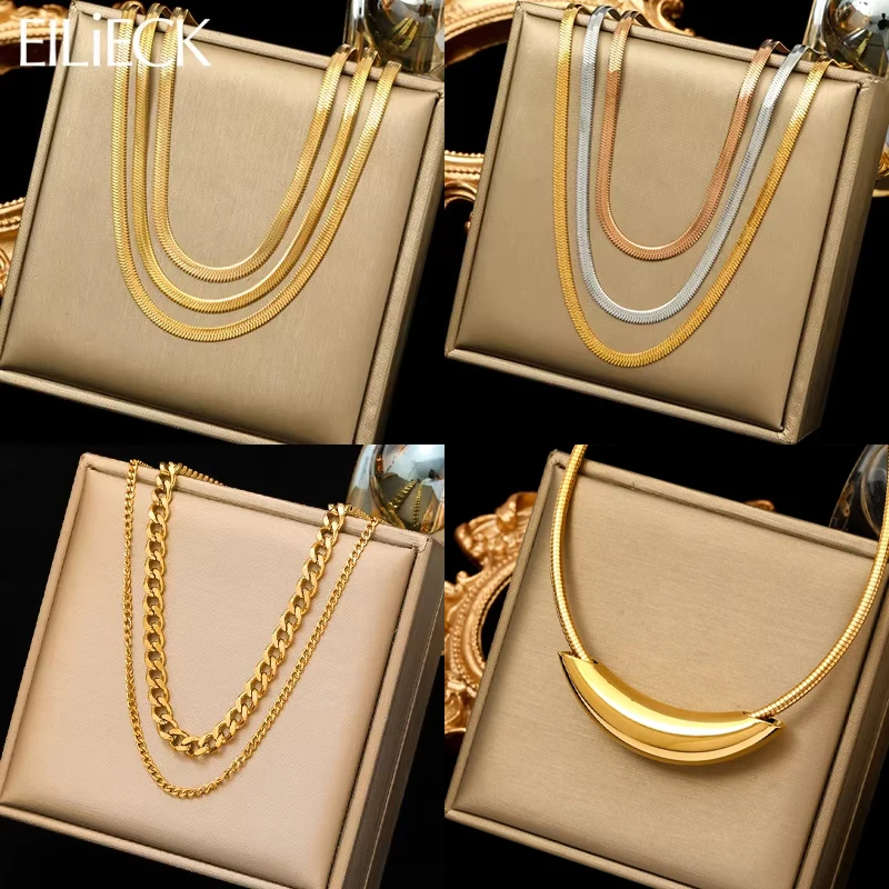 EILIECK 316L Stainless Steel Gold Color Multi-Layer Chains Necklace For Women Fashion Trend Neck Chain Waterproof Jewelry Gift