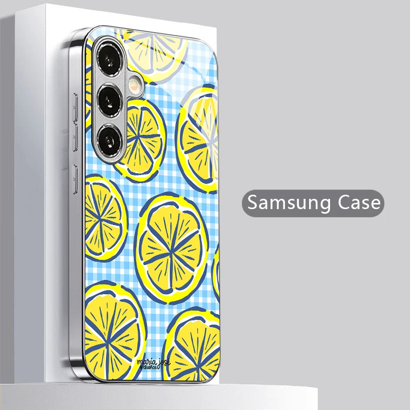 Lemon Patterned Plaid 2D Phone Case for Samsung S26 S25 S24 S23 S22 S21 S20 A56 A36 A16 - Electroplated Glass Protective Cover