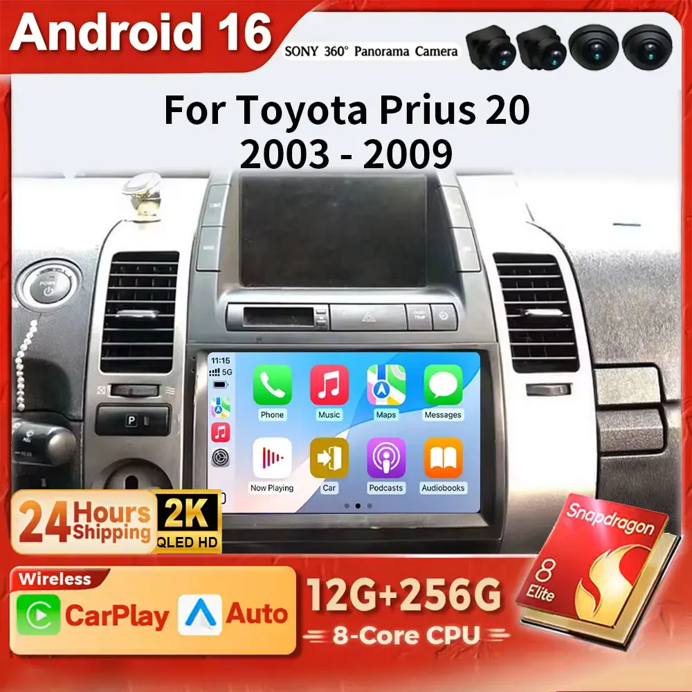Android 16 2K QLED Car Radio GPS Navigation For Toyota Prius 20 2003-2009 Multimedia Stereo Audio Head Unit CarPlay DSP DVD 4G