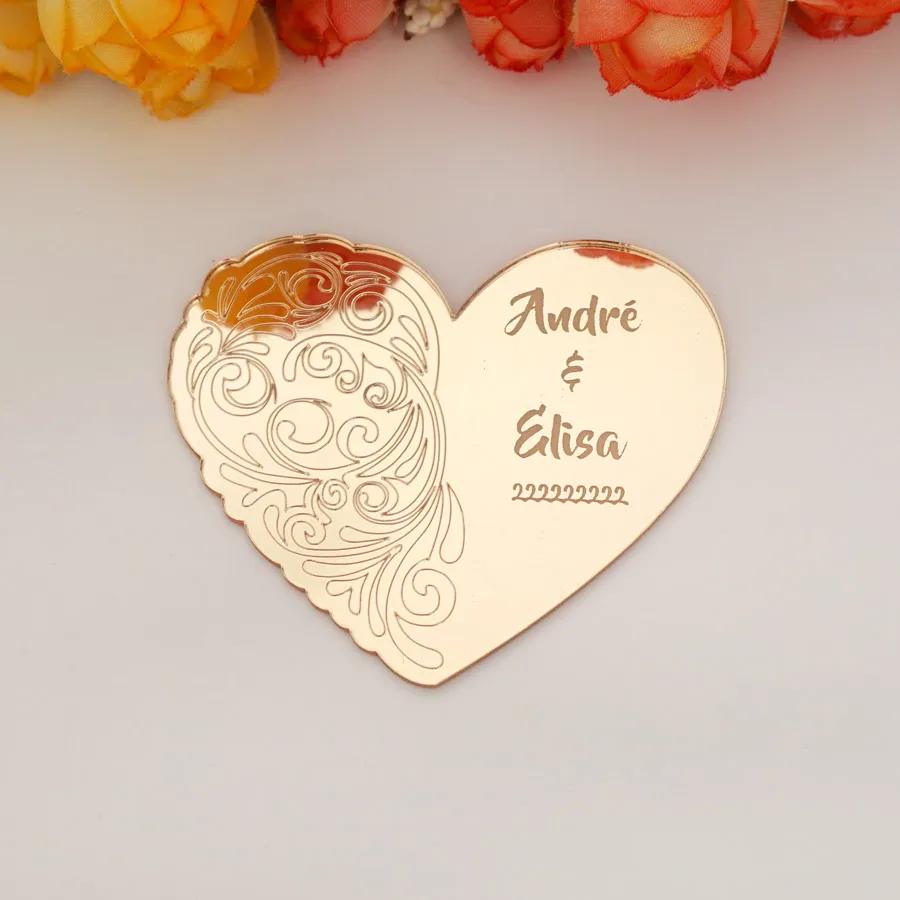 20pcs/Lot 6cm Custom Acrylic Mirror Heart Tags Personalized Name&Date Party Gift Guest Invitation Card Engrave Pattern Cup Tray