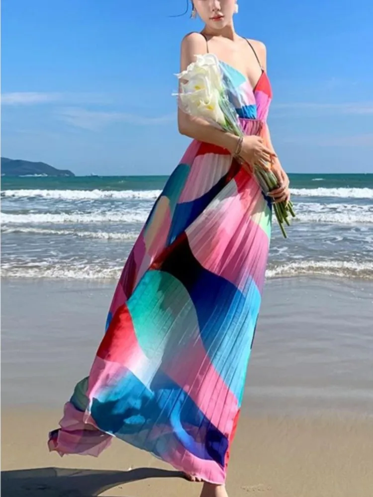 Elegant Summer Rainbow Wave Stripe Slip Women Dress V-Neck Backless Beach Style Holiday Long Dress Pleated Bandage Lady Clothing