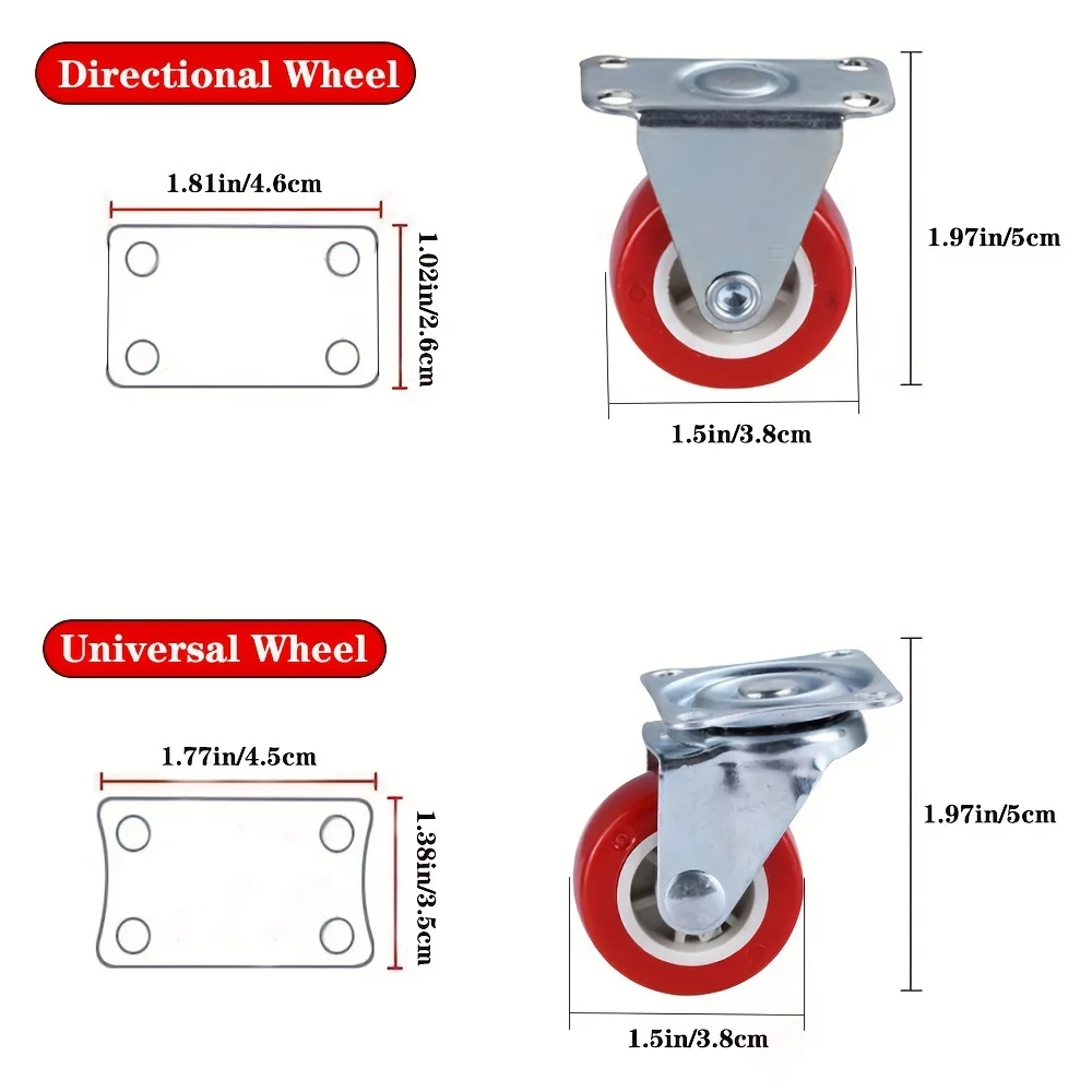 Heavy Duty Universal Rodízios Direcionais, Rodas rotativas, Quiet Rotor Vermelho, Móveis Trolley, Artigos, 1.97 ", 4 Pack PVC