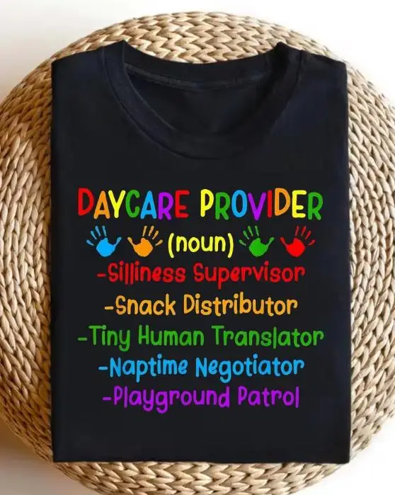 Women Funny Daycare Provider Graphic T Shirt Rainbow Color Letter Handprint Print Round Neck Short Sleeve Casual Childcare Staff Gift Tee