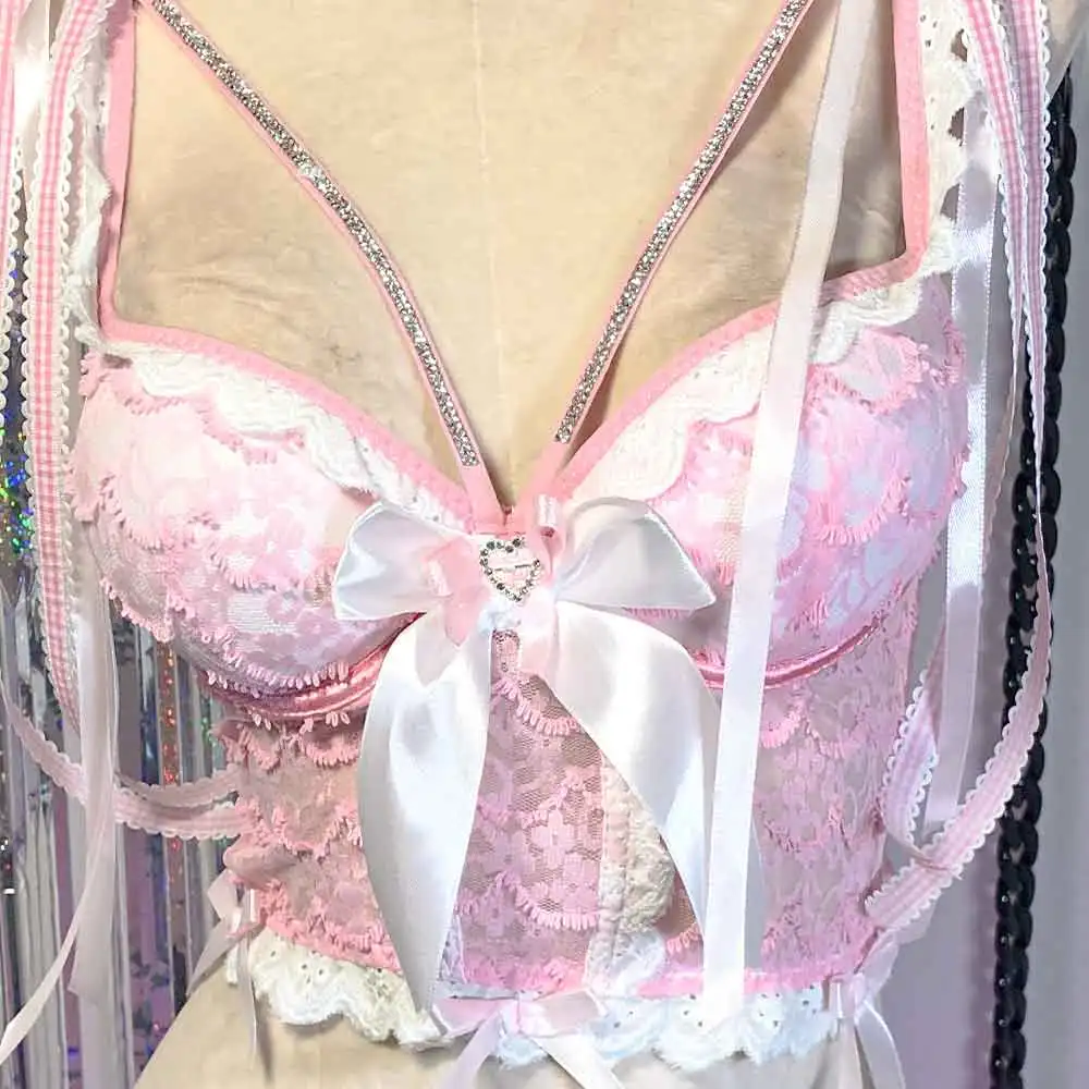 

Kawaii 80s DIY Emo Bow Harajuku Grunge Goth E-Girls 90s Pink Punk Rock Club Wear Eco Y2K Halter Camisole TOPS Trendy Gothic Tank