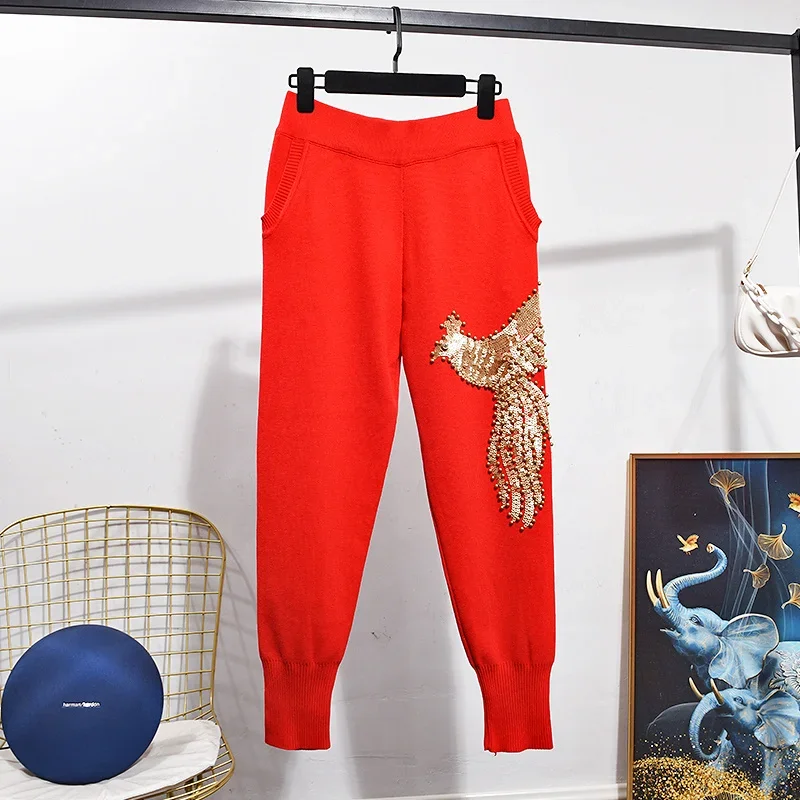 Spring Red Black White Knitted Tracksuits Set Women Casual Beading Sequins Phoenix Sweater Pencil Pants 2pc Knit Outfits Female