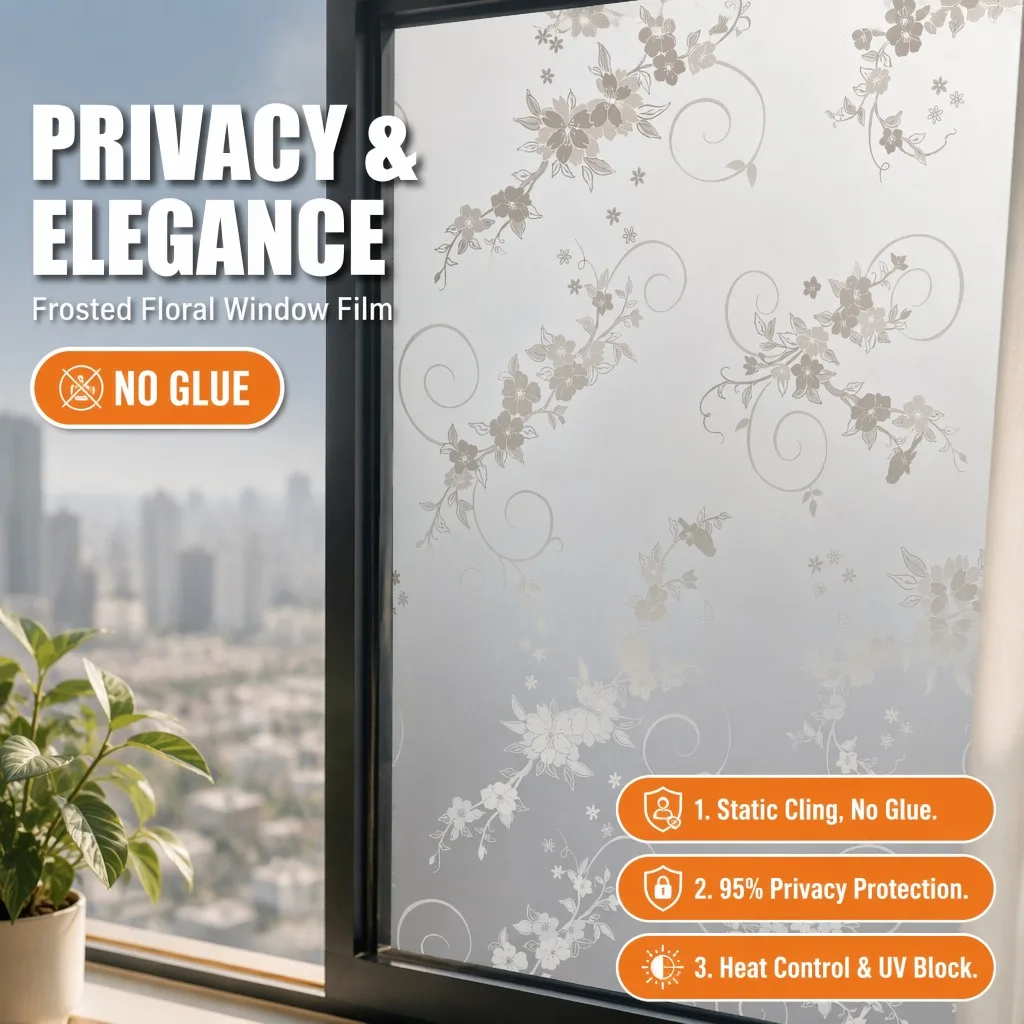 Frosted Privacy Window Film Translucent Static Cling Self Adhesive Light Block Removable for Office Bathroom Glass