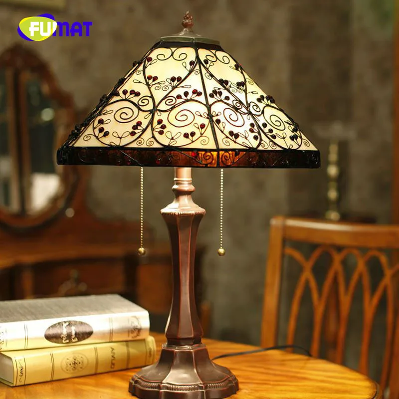 FUMAT Table Lamp European Style Vintage Table Lamp Glass Tiffany Hexagon Bedside Lamp Home Decoration Living Room Stand Lamp