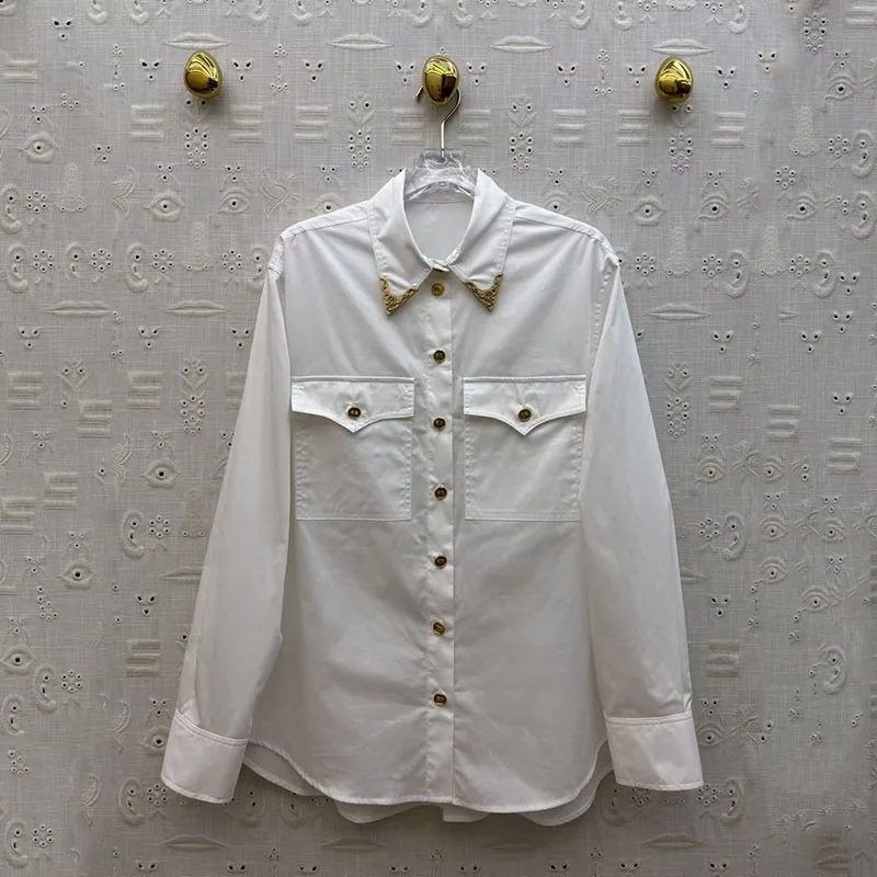 

Women's Metal Button Collared Shirt Double-Pocket Decorative Top Stylish Casual Versatile Shirt High-Quality Pure Cotton 2025