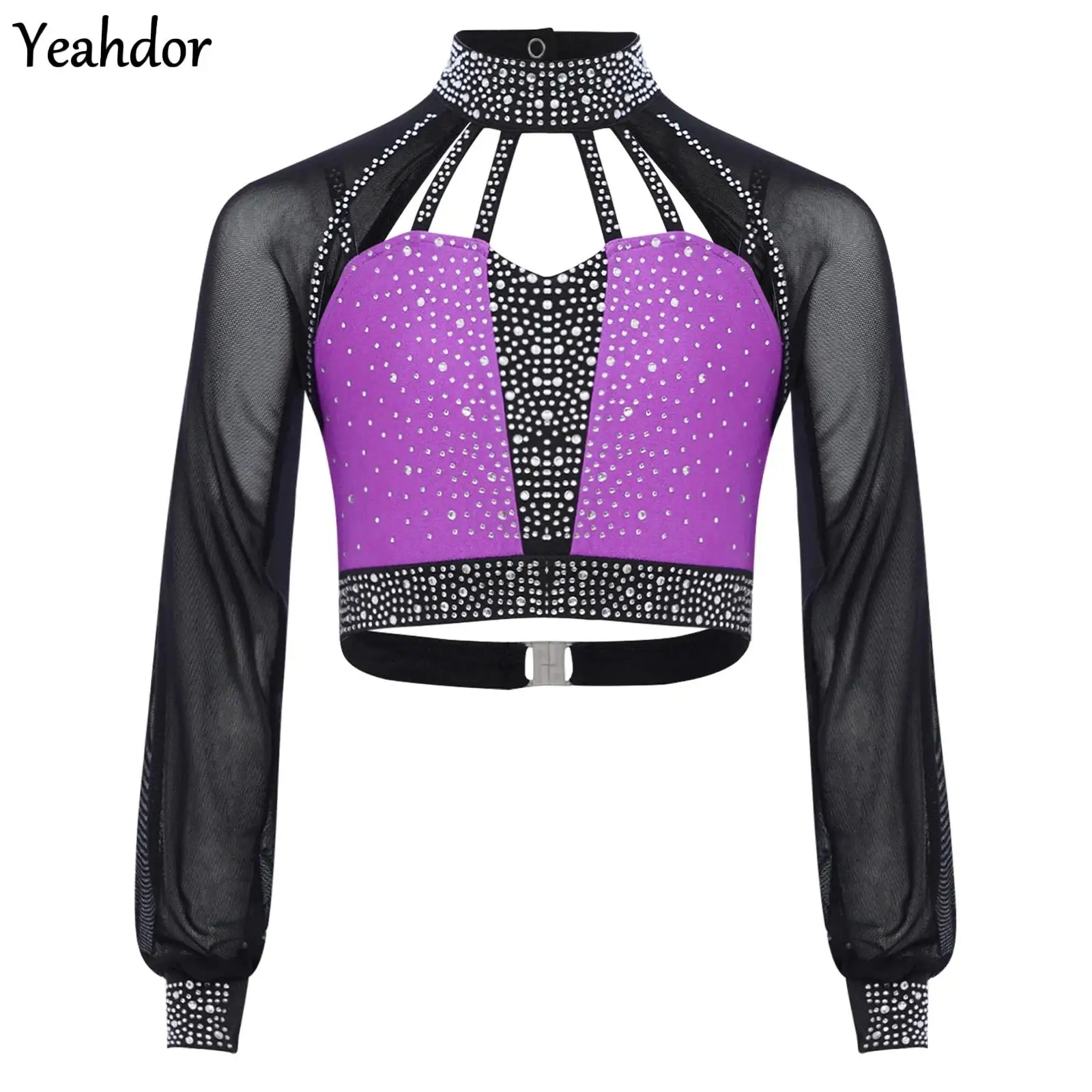 

Kid Girls Rhinestones Dance Crop Top Mock Neck Long Sleeves Sheer Mesh Cutout Back Shirt Top Latin Jazz Figure Skating Dancewear