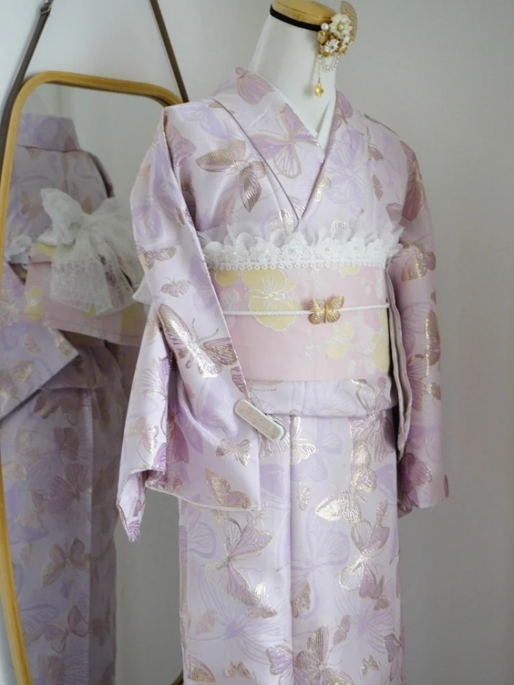 Women Japanese Traditional Komon Kimono Double-Layer Fabric Oil-Painting Style Yukata Cos Costume Photography Vintage Dress