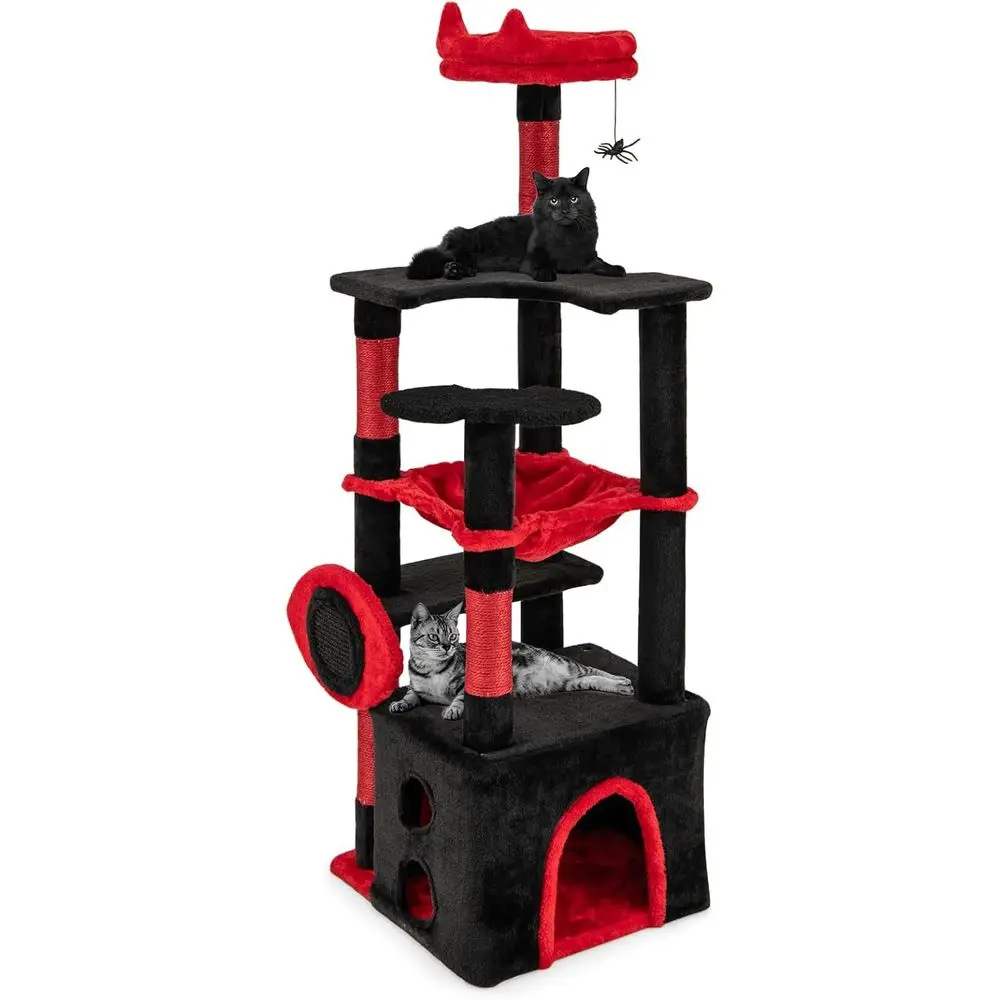 

Halloween Cat Tower with Sisal Posts, Bat Platforms, Devil Ear Perch, Large Hammock, and Condo in Black & Red