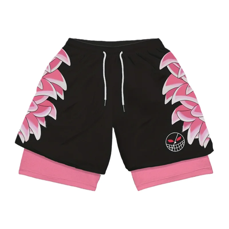 กางเกงขาสั้นลายการ์ตูนวันพีซ โดฟลามิงโก้ แบบสองชั้น สำหรับผู้ชาย เหมาะสำหรับออกกำลังกาย แห้งเร็ว สวมใส่สบาย น้ำหนักเบา