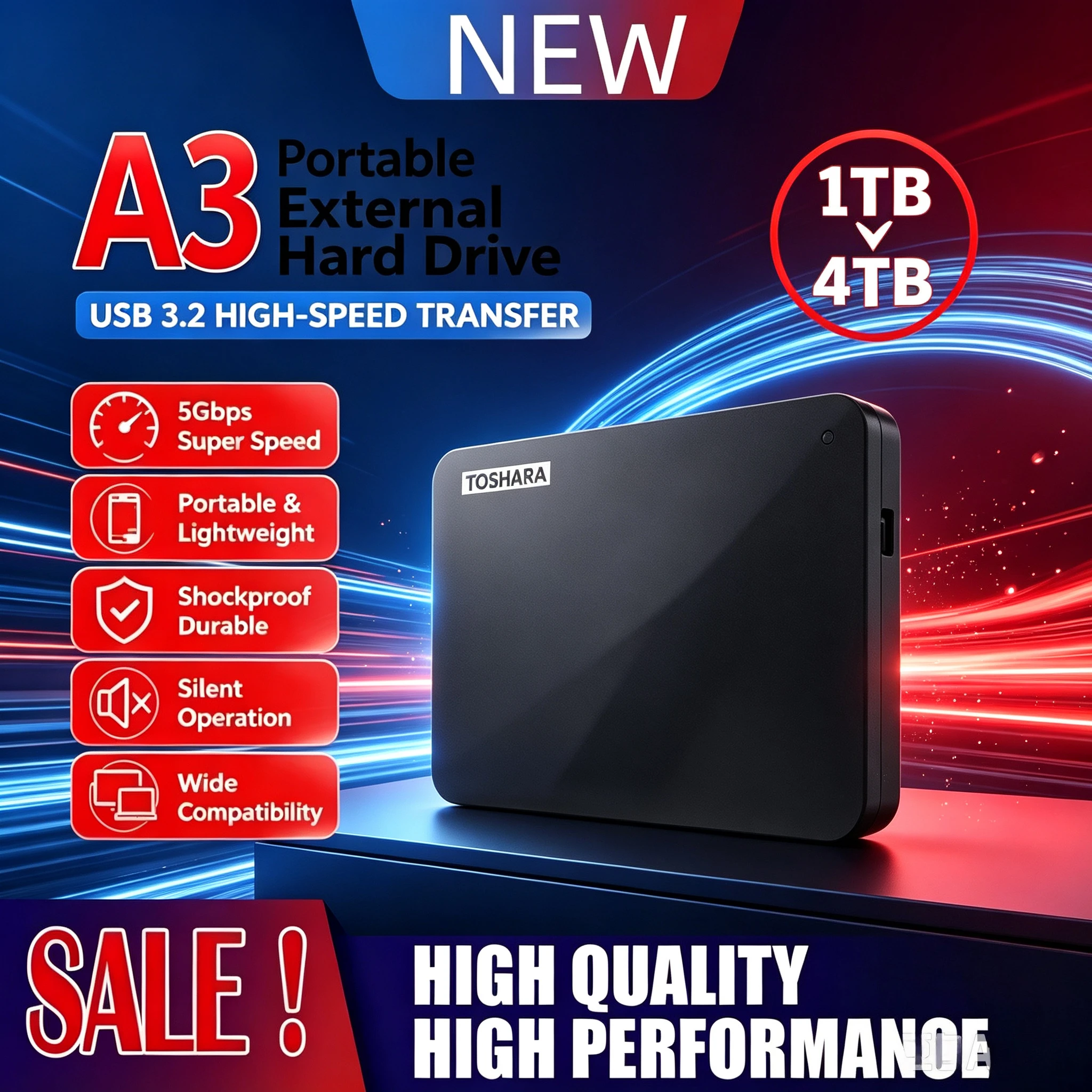 Original Portable Hard Drive A3 SSD 500GB 1TB 4TB SSD Black External Hard Drive USB 3.0 Portable for Gaming Console Office Gift
