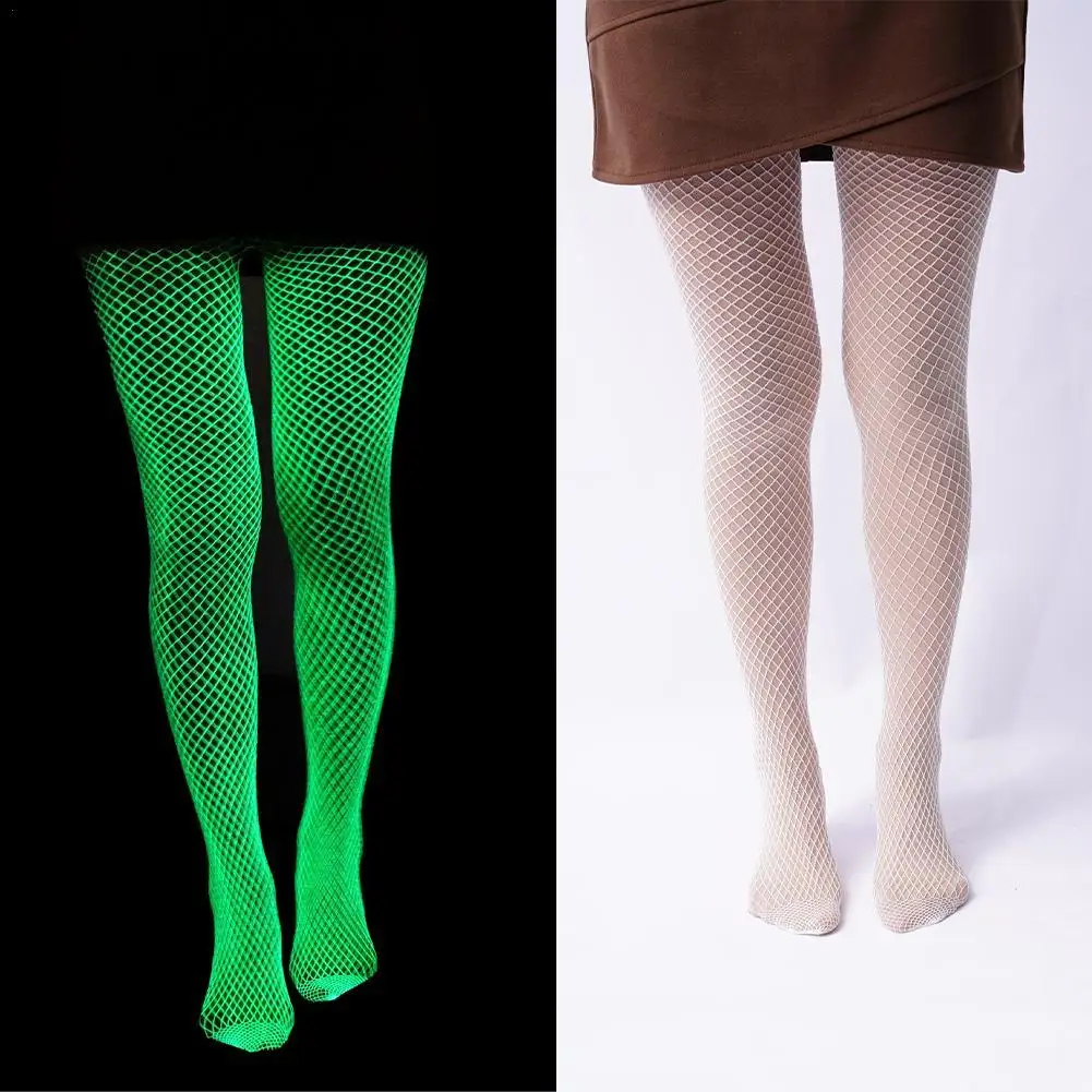 

Glow In The Dark Fishnet Stockings Leggings Shining Light One-piece Mesh Tights High Waist Perspective Fishnets Luminous Socks