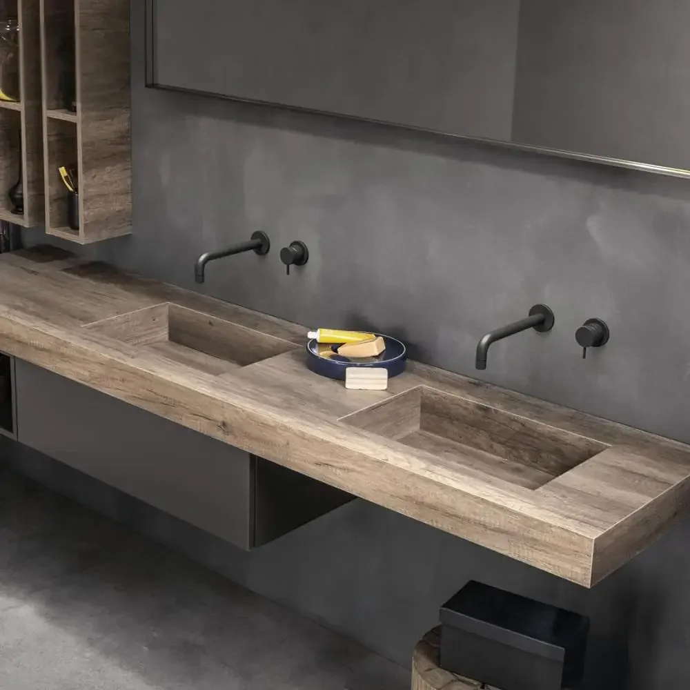 Mid-Century Wall-Mounted Double Vanity: Oak/Walnut with Marble Luxury Stone Top & Undermount Basins - Retro Bathroom