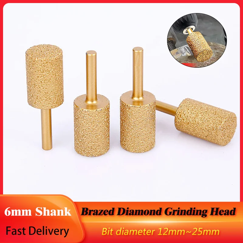 6mm Shank 12-25mm Brazed Cylindrical Diamond Grinding Flat Head Wheel Burr Grinding Engraving Bit Drill 46 100 Grit