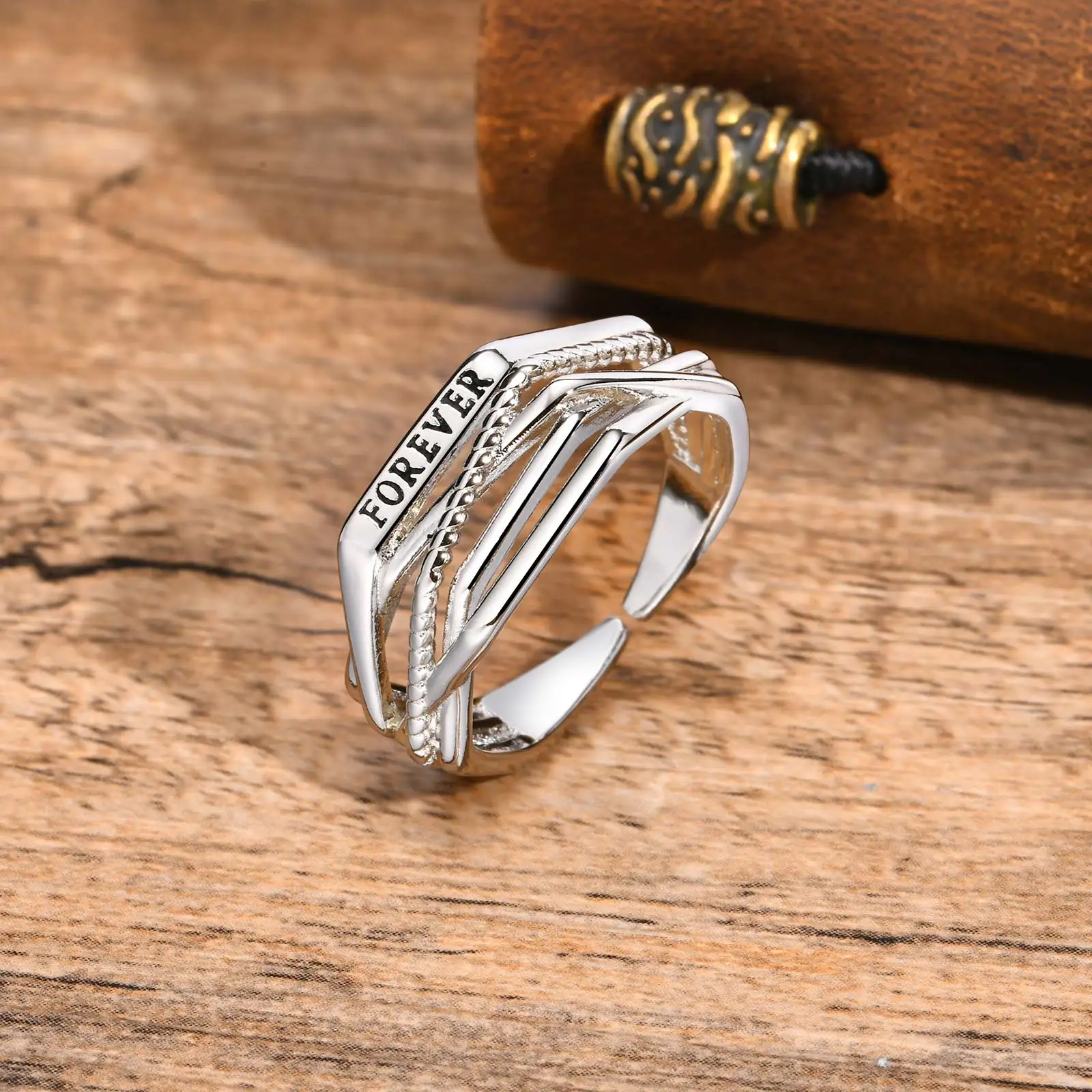 Multi-layer Geometric Crossed Open Ring with FOREVER,Korean Line Cross Style Silver Color Opening Rings,INS Fashion Jewelry