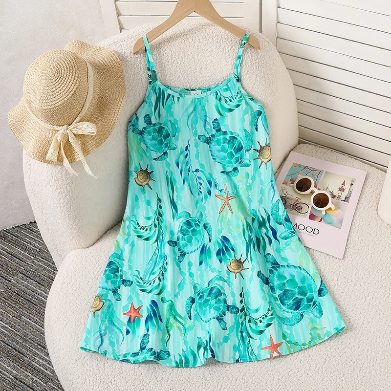 Girls 8-12 Summer Sea Turtle Print Cami Dress, Fixed Thin Strap Flared Hem Lightweight Beach Casual Kids Sundress