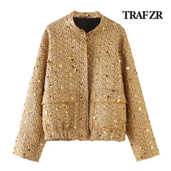 TRAF ZR High Quality Luxury Sequins Bomber Jacket Y2k Streetwear Vintage New in Coats and Jackets for Women 2024 Outerwear