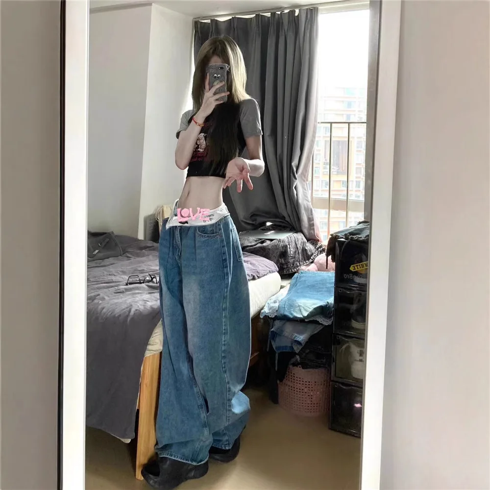 Vintage Jeans Design Sense Waist Cuff Loose Wide-leg Trousers Simple Casual Straight-leg Pants Ins
