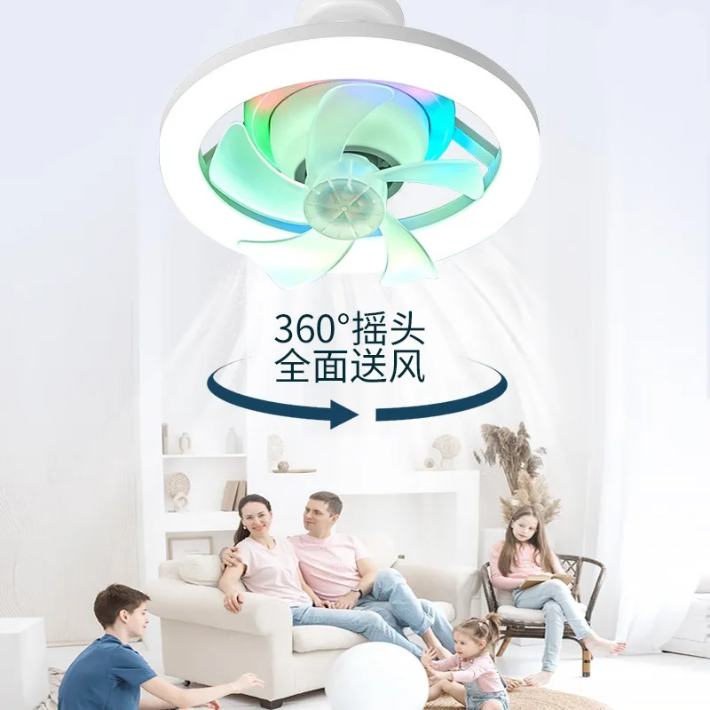360 °   Lampu Kipas Langit-langit Kepala Bergerak E27 Led Remote Control Warna RGB Kecepatan Angin 3 Tingkat untuk Penerangan Rumah Ruang Tamu Kamar Tidur