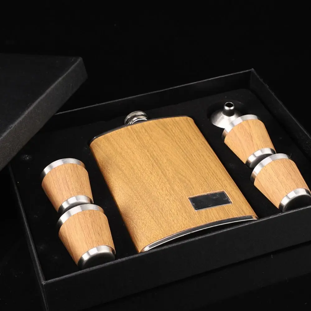 

9oz Wood Grain Hip Flask Set with Wine Cup and Funnel Stainless Steel Wine Flagon Retro Thickened Wine Bottle Men's Gift