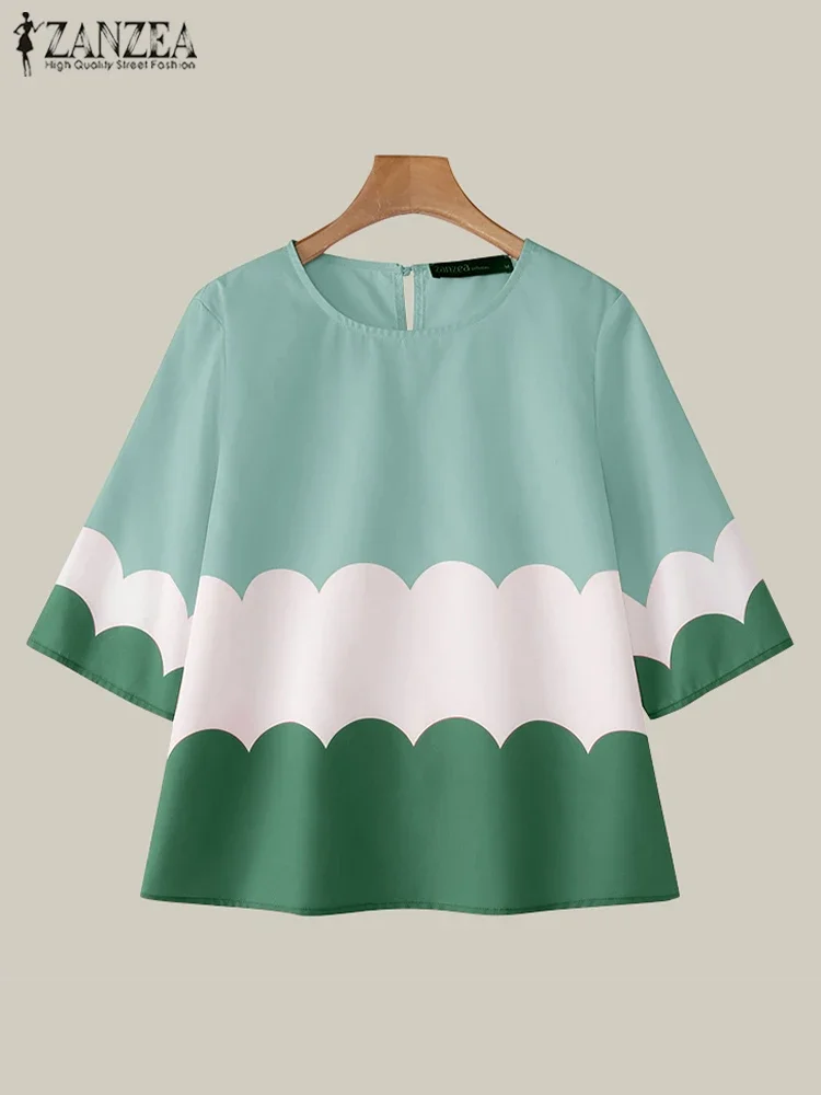 ZANZEA Women Blouses 2025 Fashion Vintage Casual Short Sleeve Colorblock Summer Blusas Tunics Casual O-neck Tops Streetwear