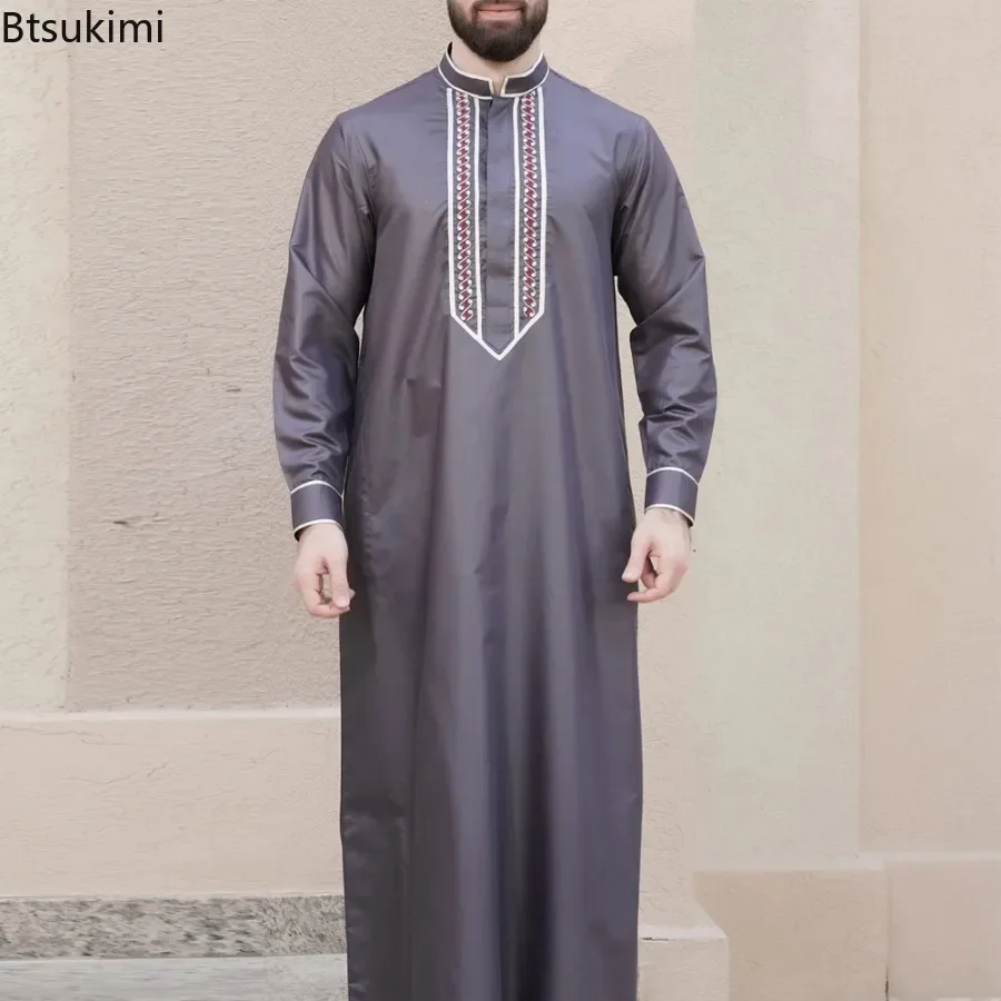 Robe longue brodée à col montant pour hommes, robe musulmane saoudienne, robe islamique du Ramadan, mode musulmane Eid, Thobe Jubba, Abaya masculine, Dubaï et arabe