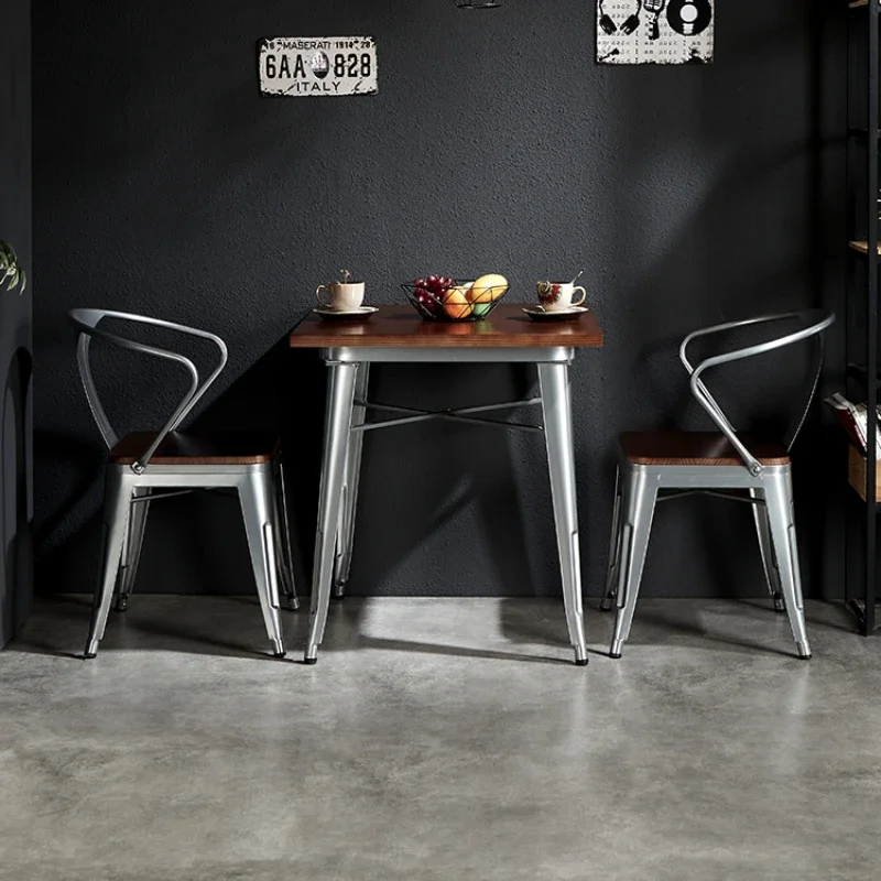 Industrial style wrought iron solid wood dining  casual back chair cafe restaurant music bar bistro