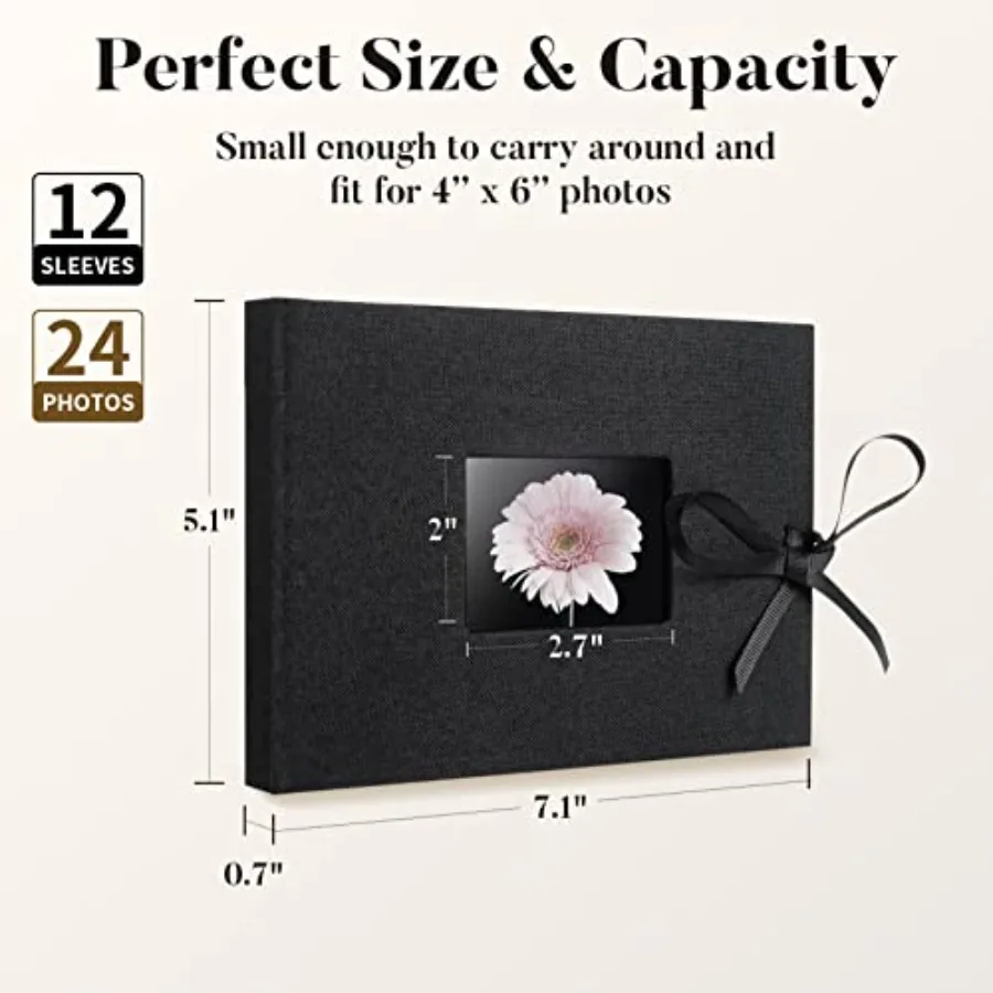 Small Photo Album 4x6, Picture Album Holds 24 Horizontal Photos, Linen Fabric Cover Picture Book for Photos with Front Window,