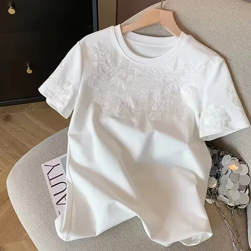 Fashion Chinese Embroidery Solid Pure Cotton T-Shirt 2025 New Summer Women Vintage Loose O-neck Casual Short Sleeve Tops
