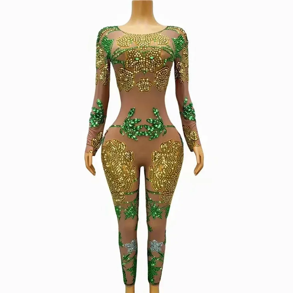 

Celebrate Party Birthday Dress Dancer Show Rompers Stage Wear Sparkly Rhinestones Mesh Transparent Jumpsuit Long Sleeve Sexy