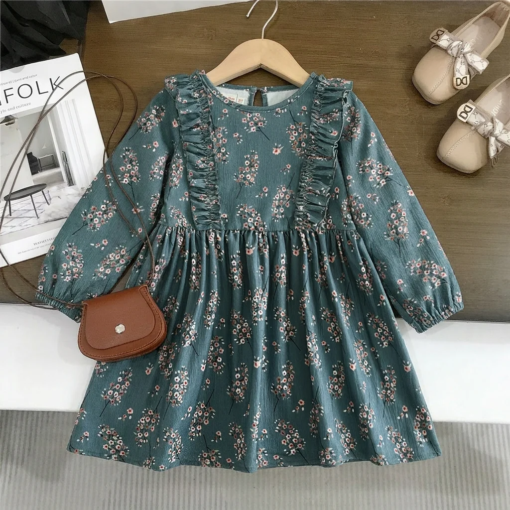 Leisure Countryside Vacation Style Spring and Autumn Leisure Flower Print Long Sleeved Lace Dress for Girls Aged 3-7