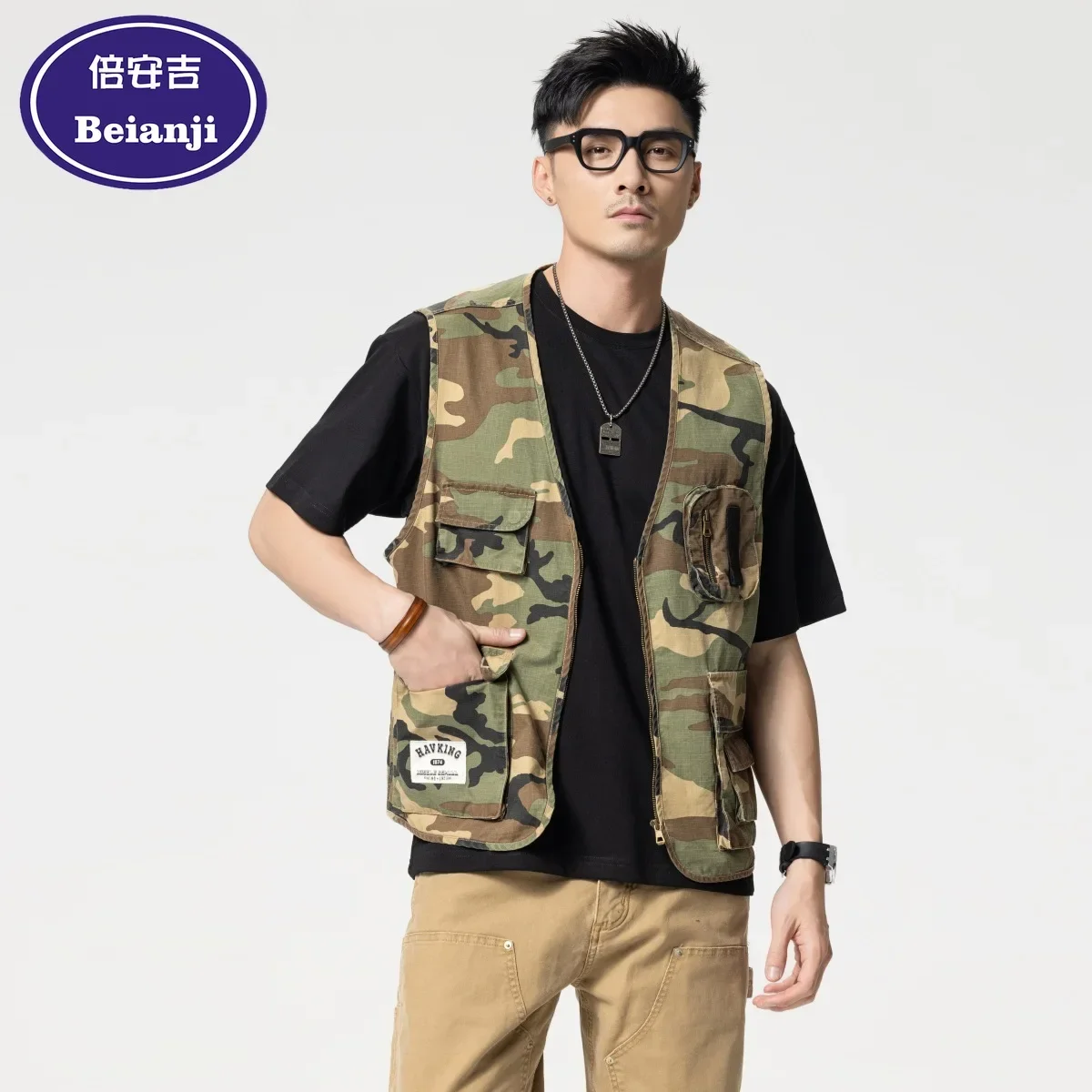 Men's Fashion 2025 Summer Workwear Zip Jacket Sleeveless Camouflage Denim Military Jeans Casual Male Vest Workwear M-4XL Beianji