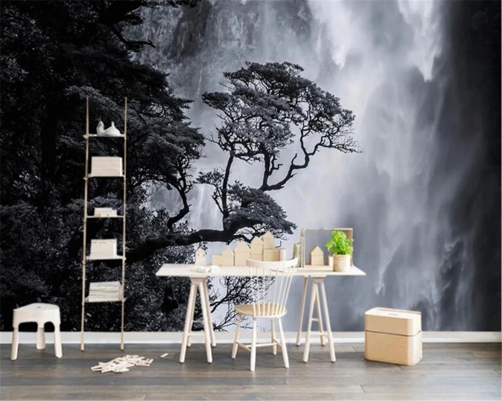 

Customized wallpaper 3D Nordic art black white landscape waterfall porch mural nature tree forest bedroom restaurant Living room