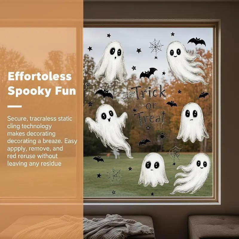 Halloween Window Clings Cute Ghost Bat Spider Patterns Dual Side Same Color For Home Shop Halloween Party Decor view 6