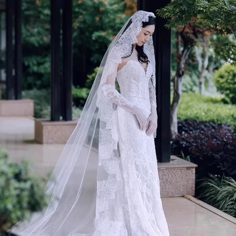 Bridal Veil Ethereal Wedding Dress French Lace Long Train High End Feel Studio Photography Prop Long Versatile Vintage Style