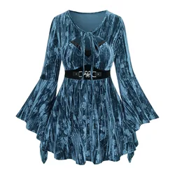 ROSEGAL Plus Size T-shirt Women's Autumn Winter Blouses Frilled Embossed Flare Sleeves Cut Out Panel Tied Belted Velvet Tops