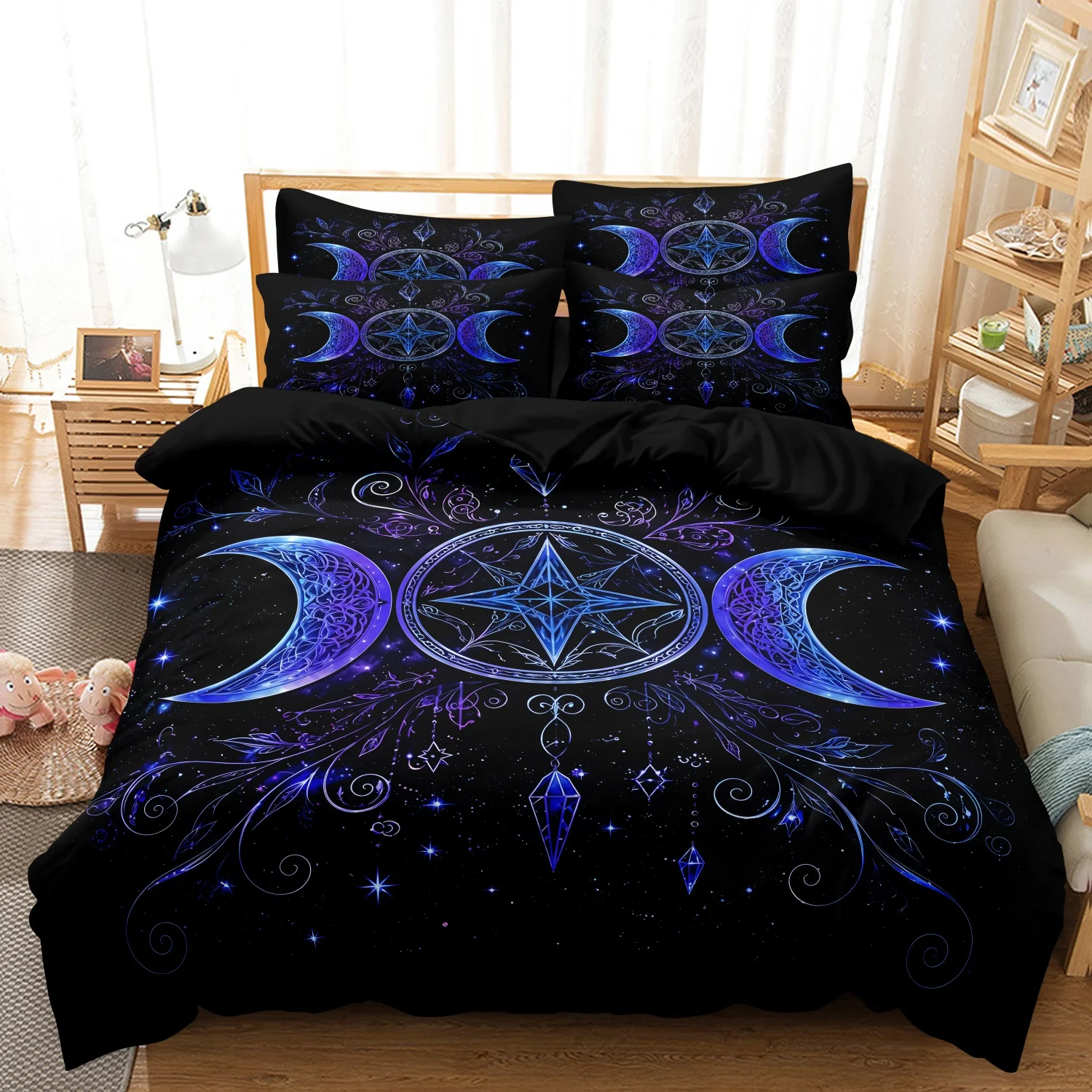 3pcs Set Gothic Crescent Pentagram Duvet Cover, Crystal Starry Floral Bedding,for Room Themed Hotel, Dorm Decoration