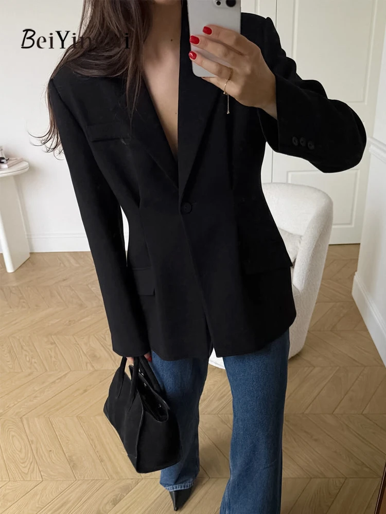 

Beiyingni, осенне-зимний винтажный женский пиджак, тонкий французский элегантный тонкий пиджак с v-образным вырезом, женские роскошные уличные повседневные пиджаки