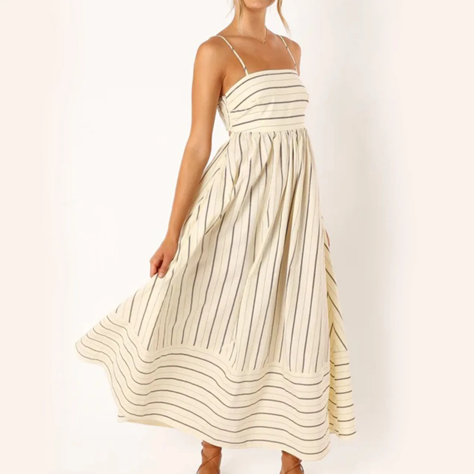 

Women Elegant Dress Gown Sweet New Striped Suspender Pleated Sleeveless Backless Swing Casual Strappy Spaghetti Dress Summer