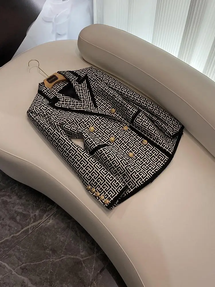 

Ele Bla Maze Pattern Tka Embroidery Trim Suit Jaet Women's Sli Commute Wind Slim Fit Long Sve Double Button