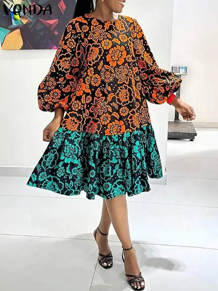 Plus Size VONDA Oversized Women Midi Dress Long Lantern Sleeve Bohemian Printed Ruffled Vestidos 2024 Autumn Casual Vintage Robe