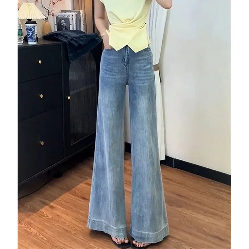 Korean Women Fashion Non Stick Leg Jeans Autumn Female New High Waist Denim Pantalons Ladies Solid Color Flared Cowboy Trousers view 4