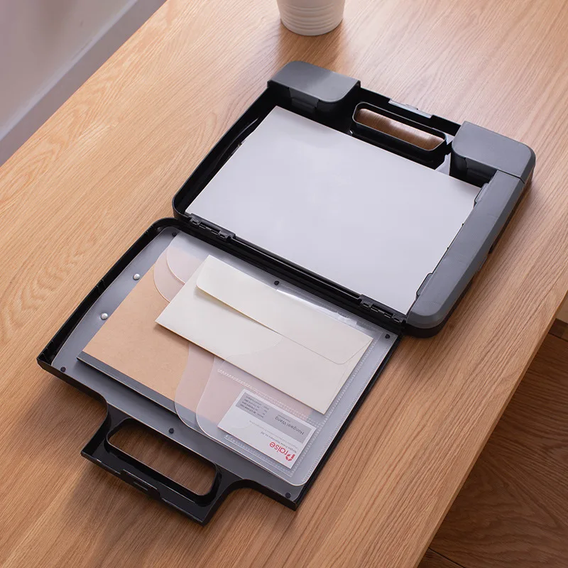 Multifunctional A4 File Box Portfolio with Solar Calculator and Writing Board, Hard Plastic Document Storage Case for Office