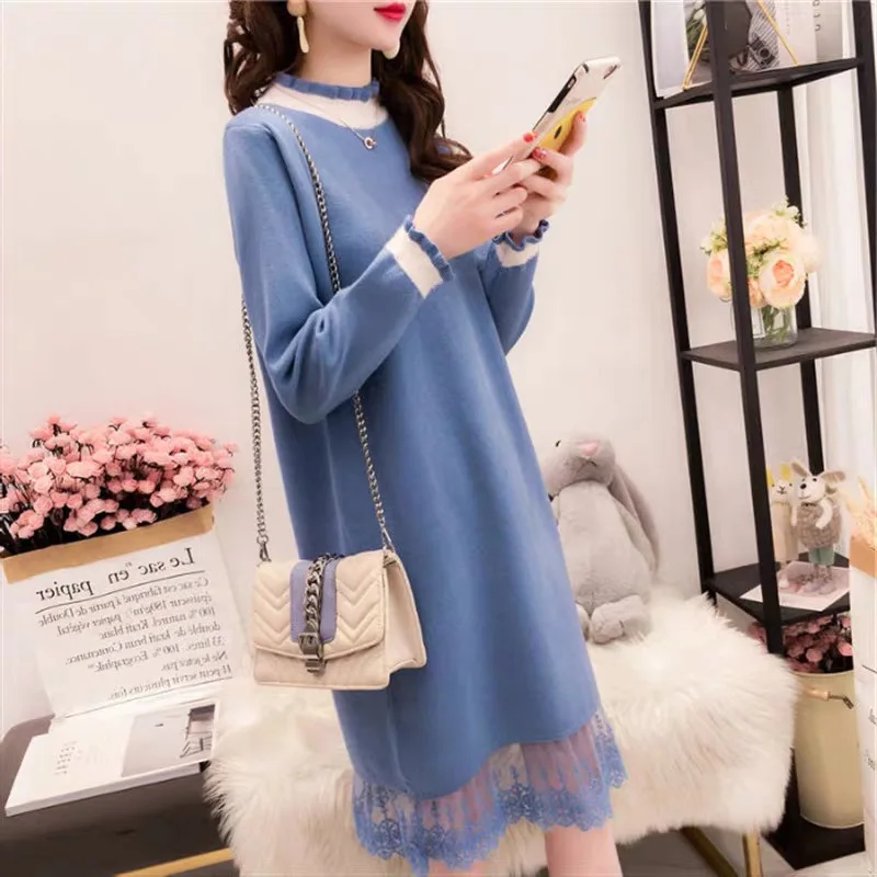 

Korean Fashion Slim Crew Neck Sweater Dress Women Elegant Belted Long Sleeve Pleated Knitted Long Versatile Dresses CQ294